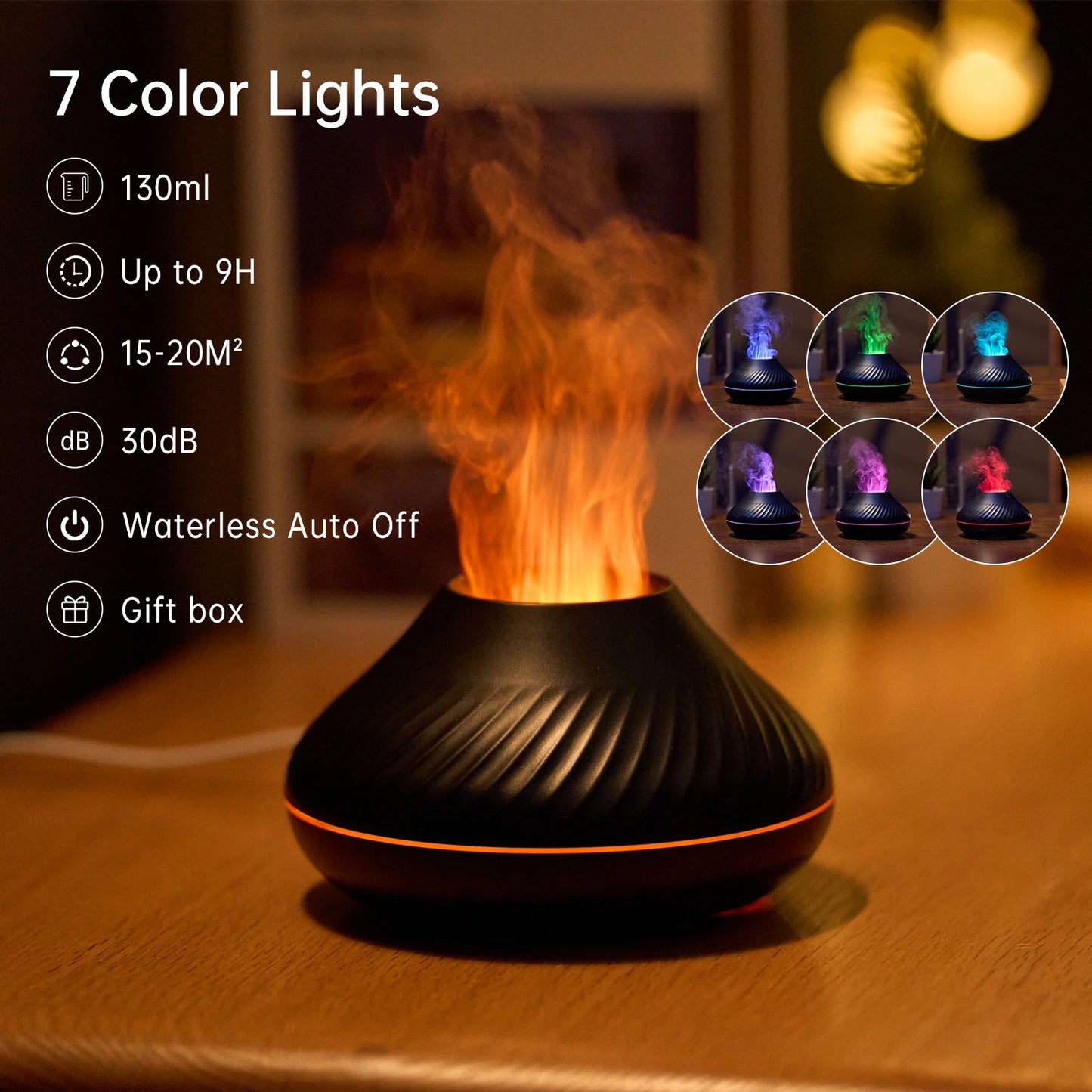 Vissko Flame Aroma Diffuser 130ML Essential Oil Diffusers USB Portable Air Humidifier With Color Night Light Realistic Fire