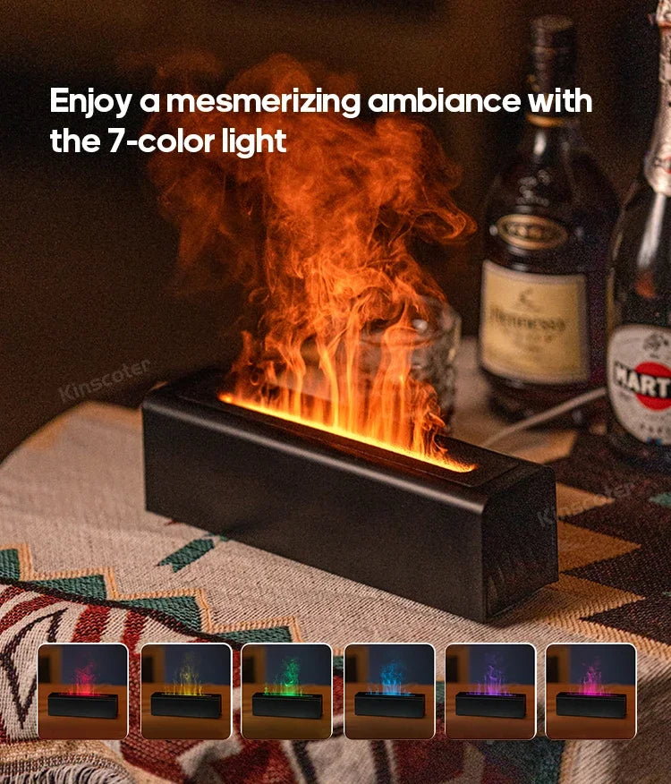 Essential Oil Aroma Diffuser, Flame Air Humidifier, Ultrasonic Fresh Mist, Diffuser with Realistic Fire RGB, Night Light