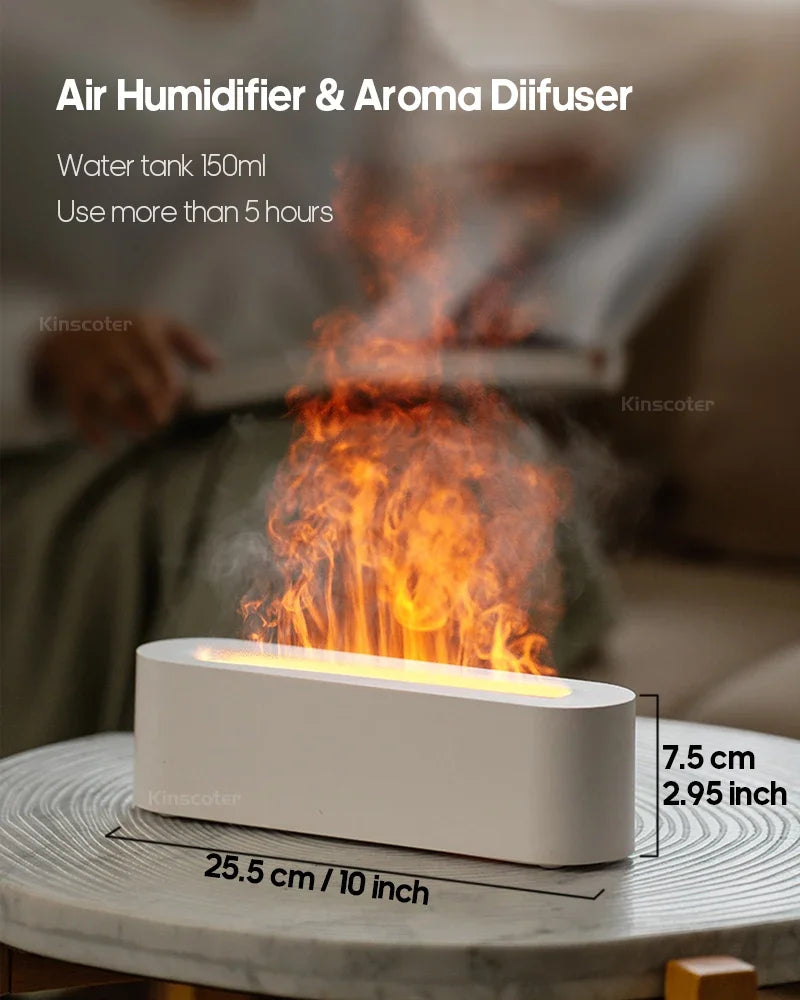 Essential Oil Aroma Diffuser, Flame Air Humidifier, Ultrasonic Fresh Mist, Diffuser with Realistic Fire RGB, Night Light