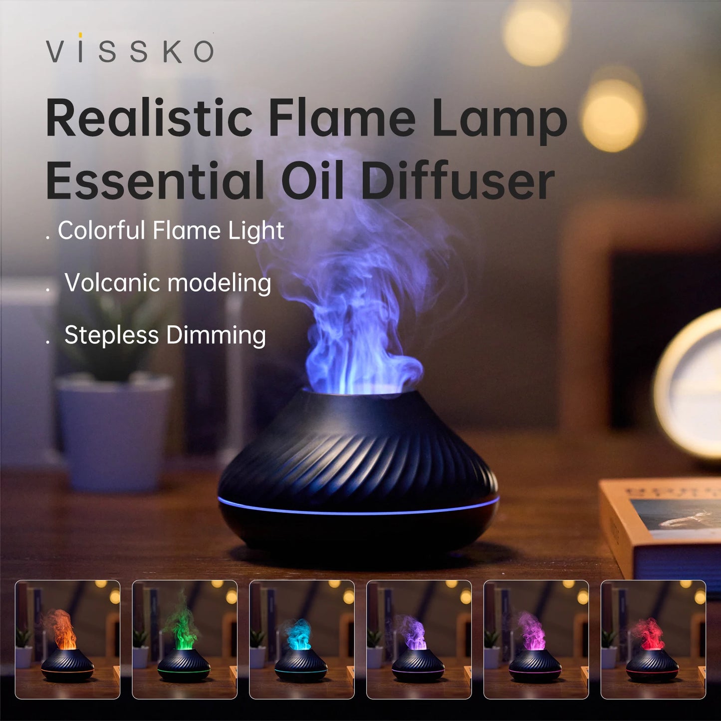Vissko Flame Aroma Diffuser 130ML Essential Oil Diffusers USB Portable Air Humidifier With Color Night Light Realistic Fire