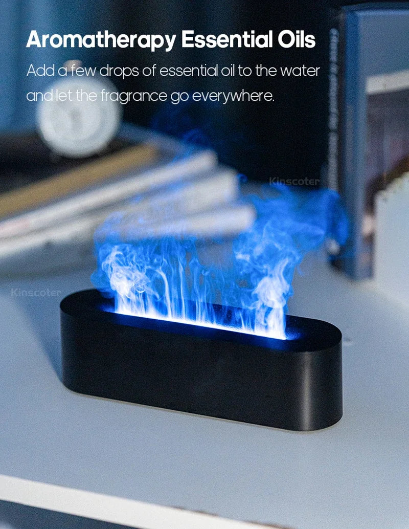 Essential Oil Aroma Diffuser, Flame Air Humidifier, Ultrasonic Fresh Mist, Diffuser with Realistic Fire RGB, Night Light