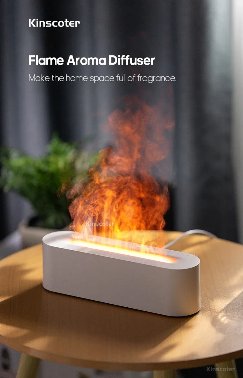 Essential Oil Aroma Diffuser, Flame Air Humidifier, Ultrasonic Fresh Mist, Diffuser with Realistic Fire RGB, Night Light