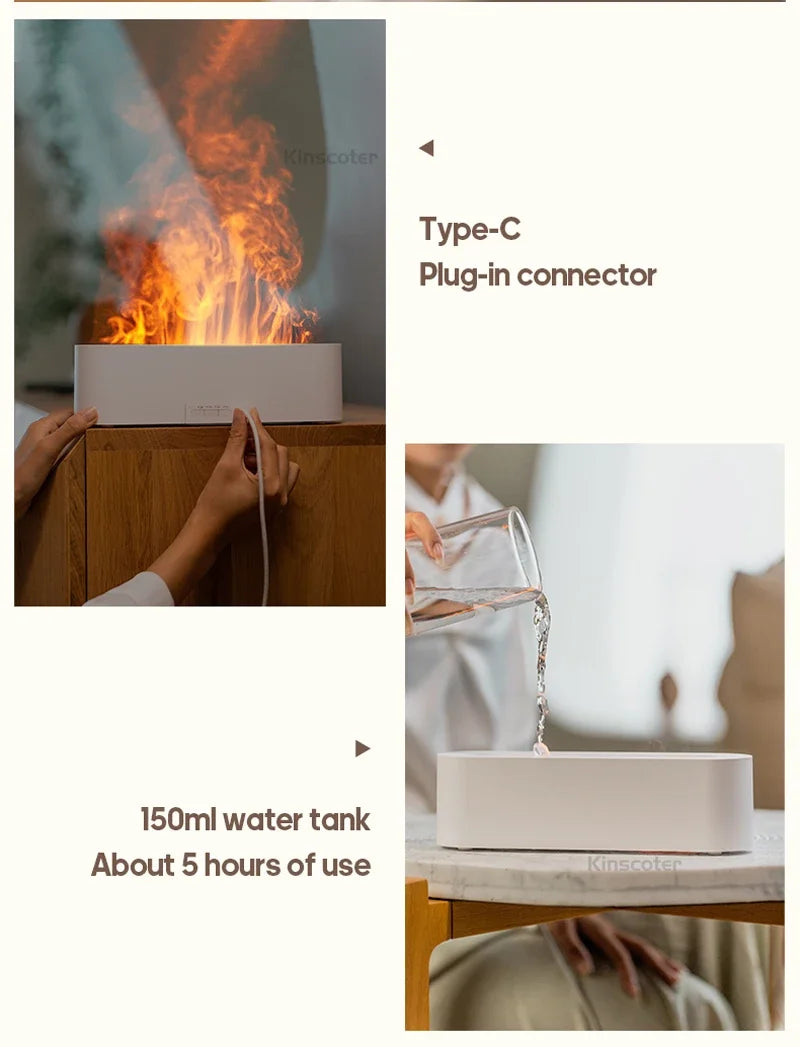 Essential Oil Aroma Diffuser, Flame Air Humidifier, Ultrasonic Fresh Mist, Diffuser with Realistic Fire RGB, Night Light