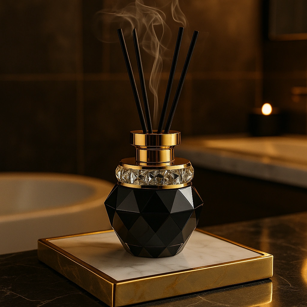 Luxury crystal smart diffuser on marble table emitting soft aroma, golden accents, WizLuxe Home signature design.